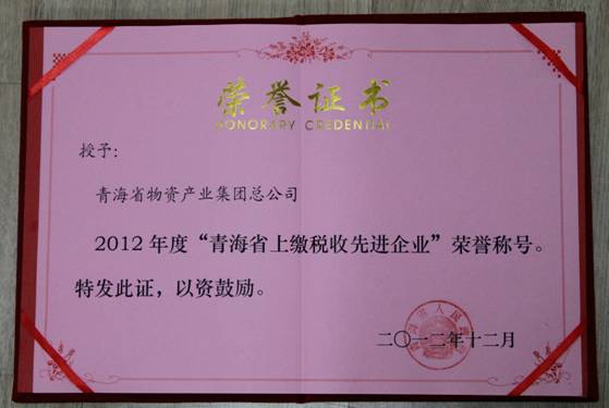 集團(tuán)榮獲2012年度&ldquo;青海省上繳稅收先進(jìn)企業(yè)&rdquo;榮譽稱號